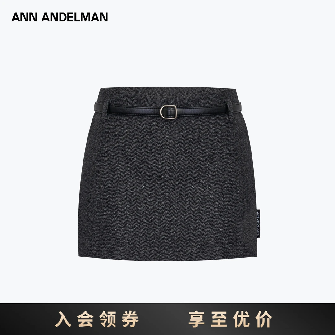 ANNANDELMAN秋季秋冬半身裙女新款包臀修身直筒腰带毛呢短裙