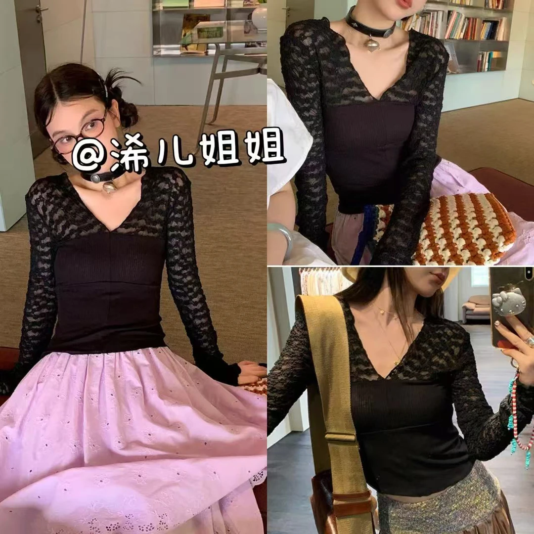 （浠儿家）  自在浪漫V领多片式蕾丝拼接长袖上衣