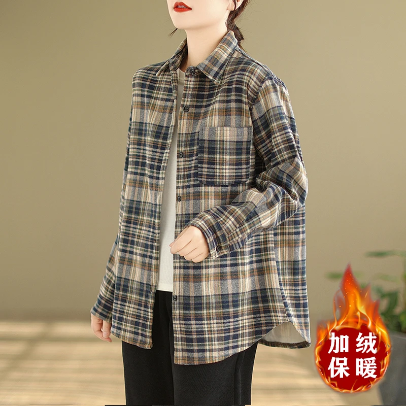 复古港风口袋设计感磨毛翻领衬衫女加绒蓝色格子长袖保暖衬衣外套