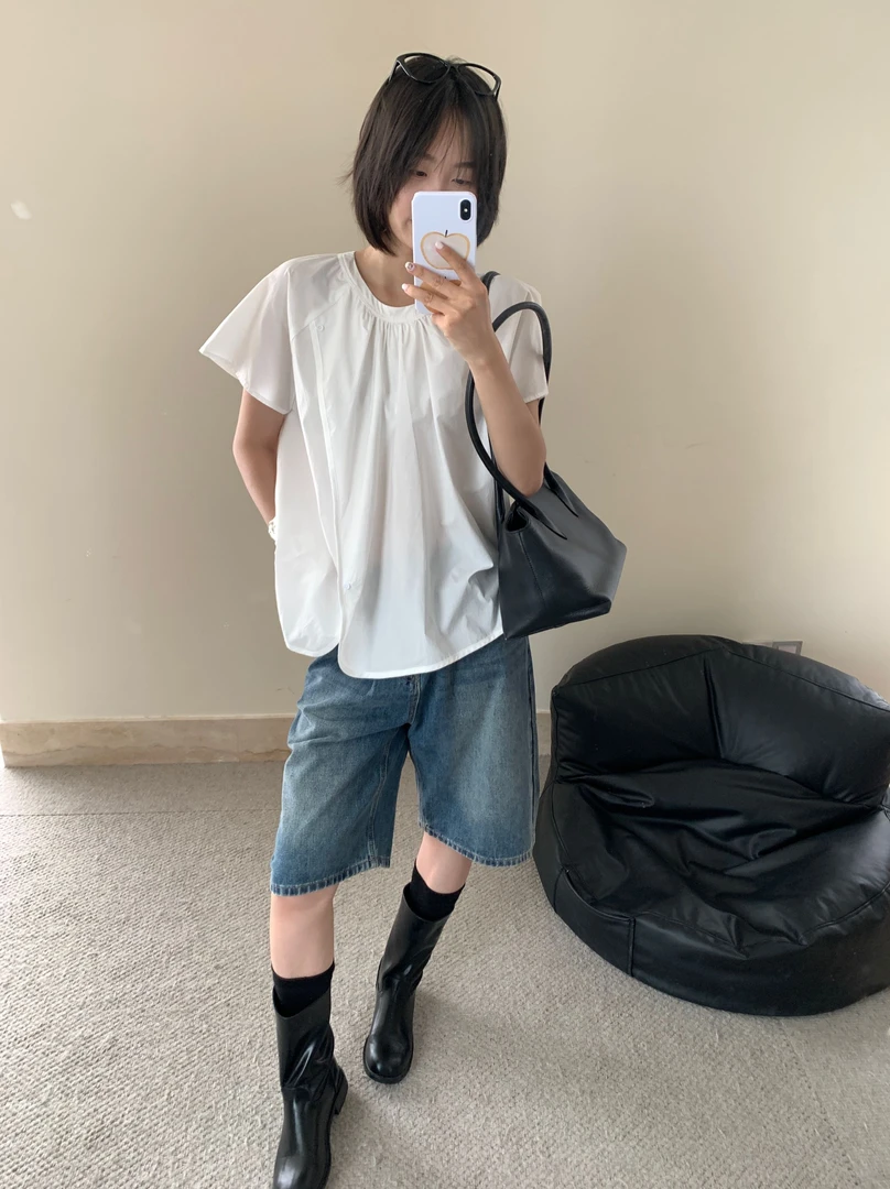 温柔瑶-抹茶蛋#韩系简约纯色小清新短袖衫#328