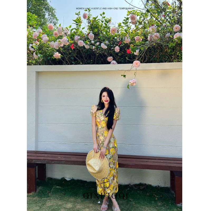 七小七Sicily【维纳斯庄园】绝美重工立体花朵刺绣连衣裙春夏季高级