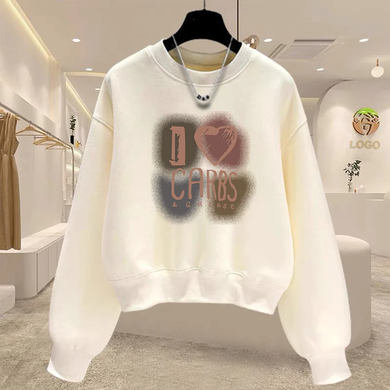 圆领套头短款卫衣女加绒加厚秋冬长袖上衣高腰显瘦小个子春秋薄款