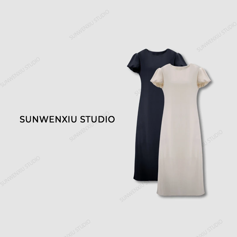swx studio2店 “午后花园”法式泡泡袖露背设计感连衣裙