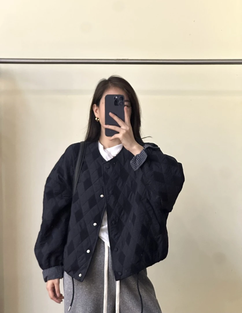 格子拼接袖口菱形格棉衣短外套女2025秋季新款宽松显瘦棒球服夹克
