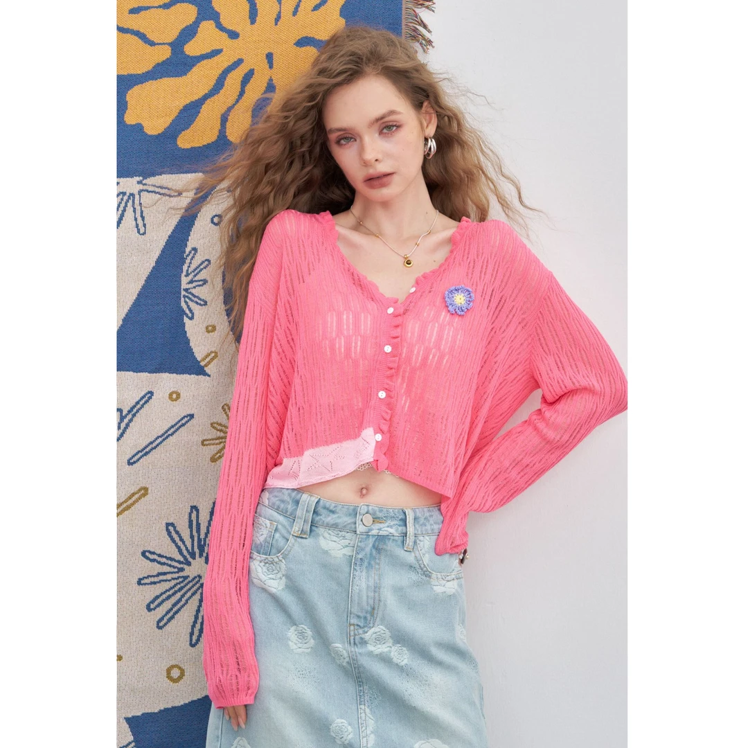 妖精的口袋多巴胺长袖针织衫2025夏设计感薄款上衣25206101