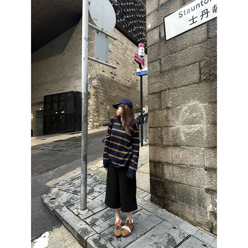 美式复古条纹长袖T恤女早秋新款宽松休闲慵懒风休闲垂感阔腿裤女