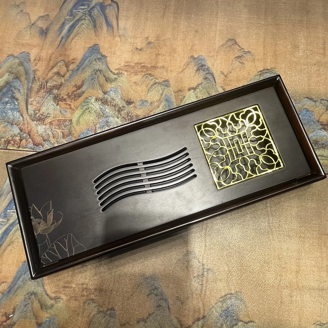 荷花木茶盘家用轻奢现代小储水式茶台功夫茶具简约-4812