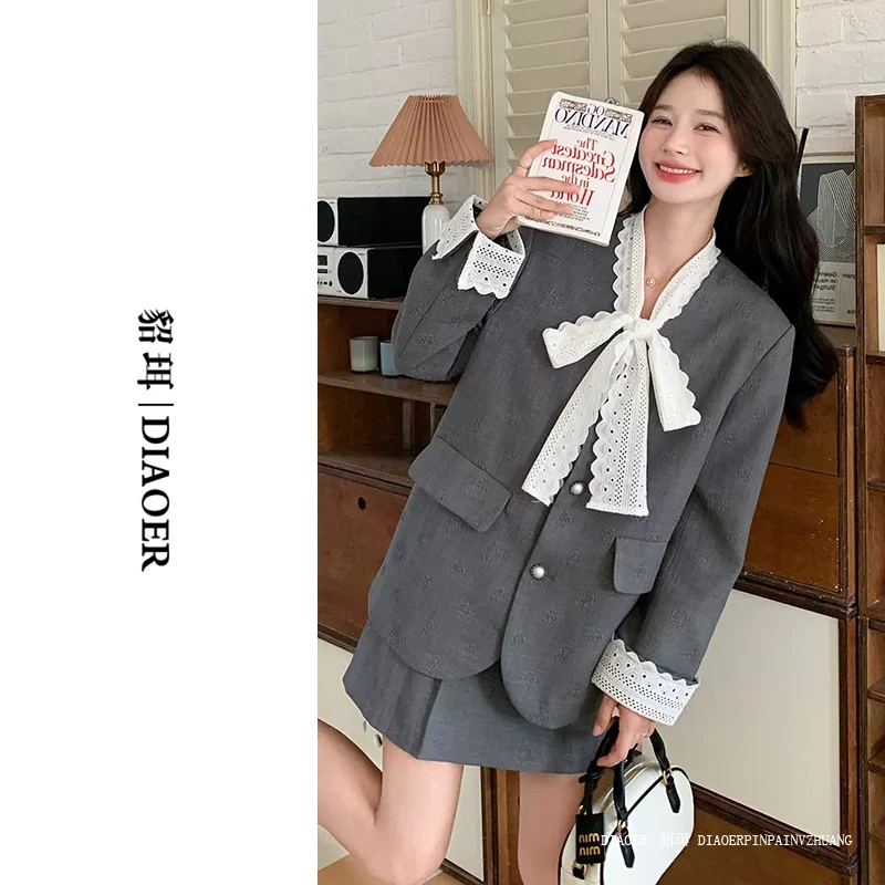 貂珥/DIAOER【韩系穿搭】2025春气质西装外套女装名媛西服飘带蕾丝