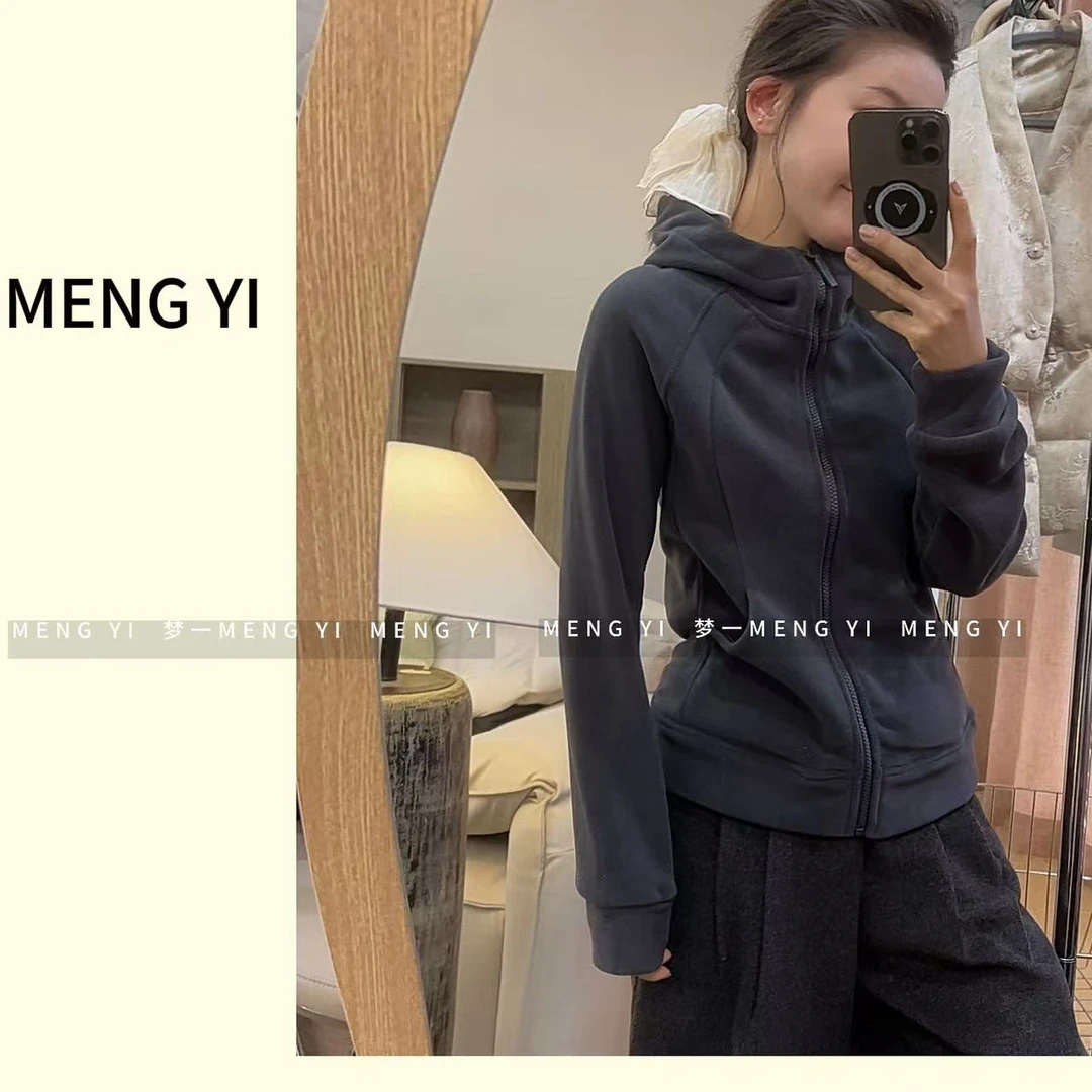 冬款重磅加绒修身高级连帽卫衣奥粒绒女拉链开衫外套