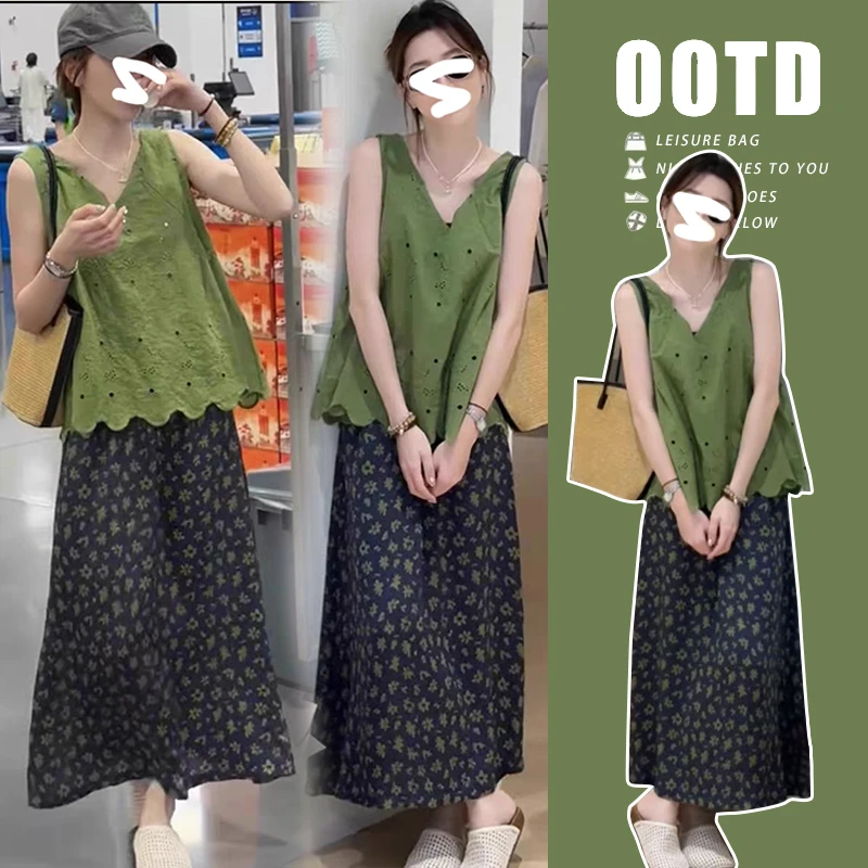 夏季孕妇装显瘦洋气宽松刺绣领背心托腹碎花半身裙韩版时尚套装