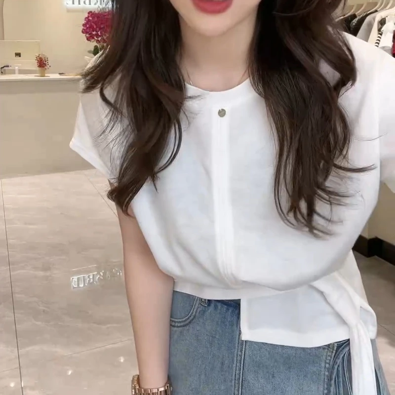 夏季韩系绑带收腰气质纯色T恤百搭显瘦短袖LK2503262