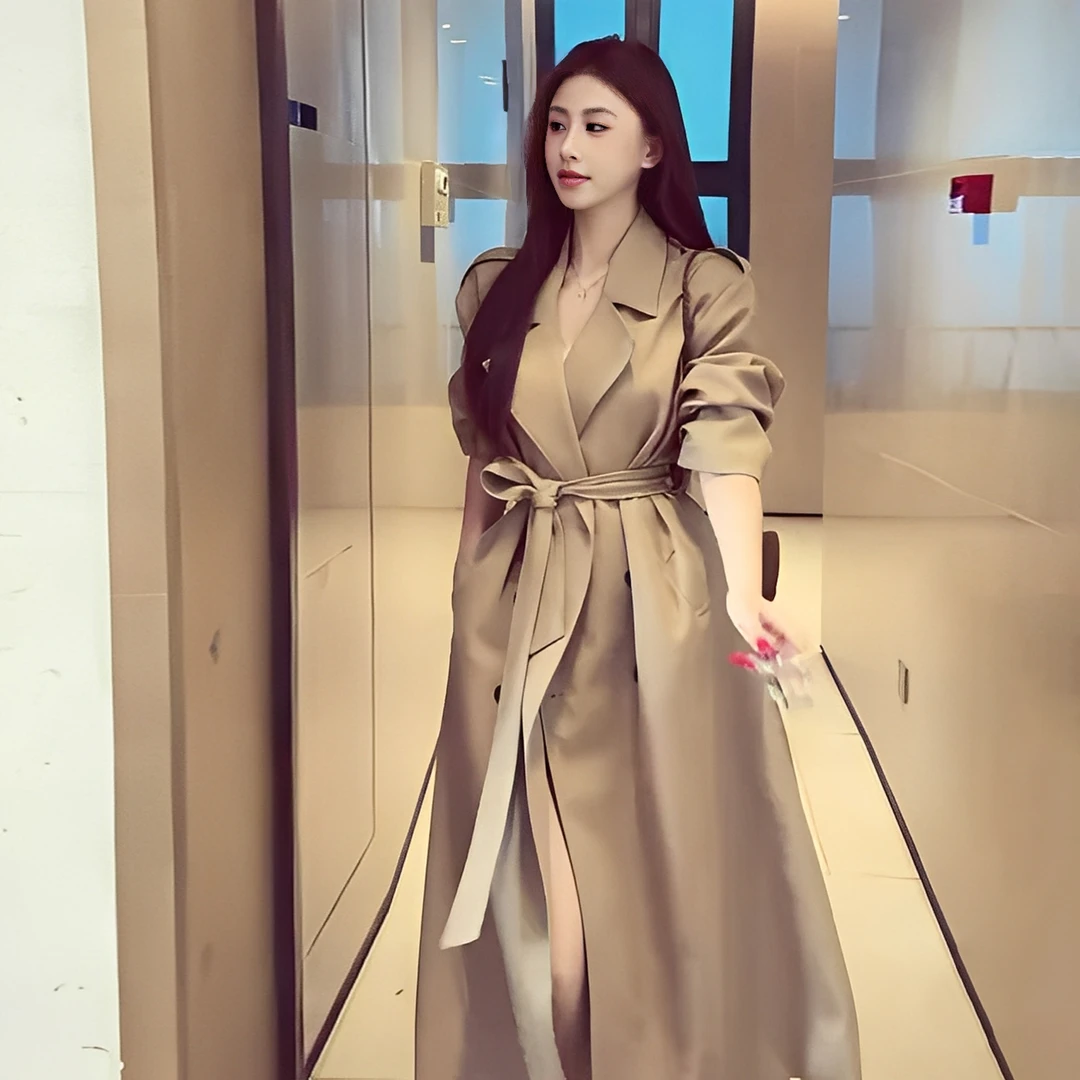 2025秋季新款巨好看卡其色风衣外套女中长款韩系收腰气质正肩大衣