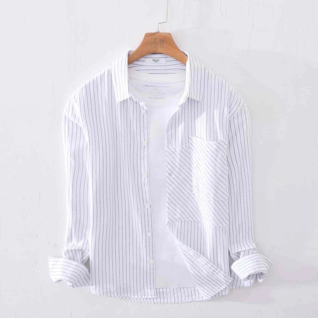 MR.MUDI/穆迪先生清新文艺百搭休闲长袖衬衫男士日系条纹青年大码