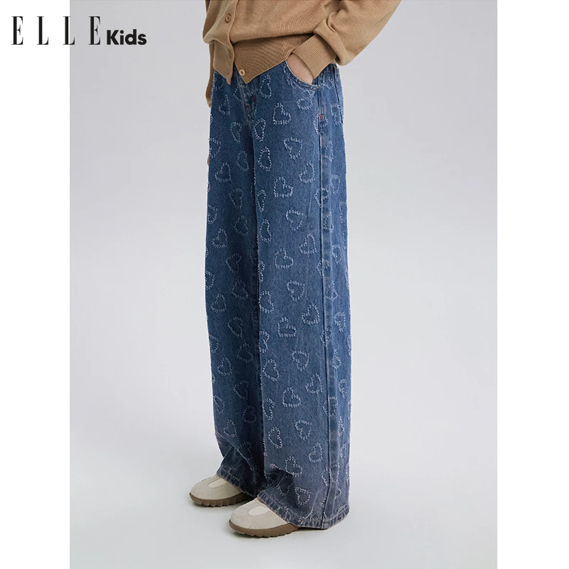 ELLE KIDS春秋季复古百搭宽松印花爱心休闲牛仔裤Q1