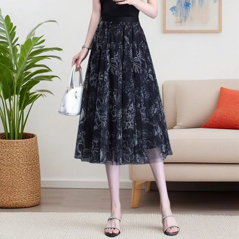 印花薄款半身裙松紧腰小香风显瘦黑底网纱裙女装裙子大摆春夏纱裙