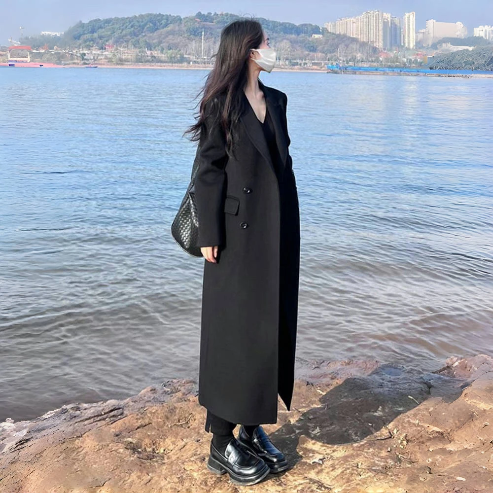 春秋黑色高级感风衣高个子正肩显瘦西装加长版百搭气质大衣女