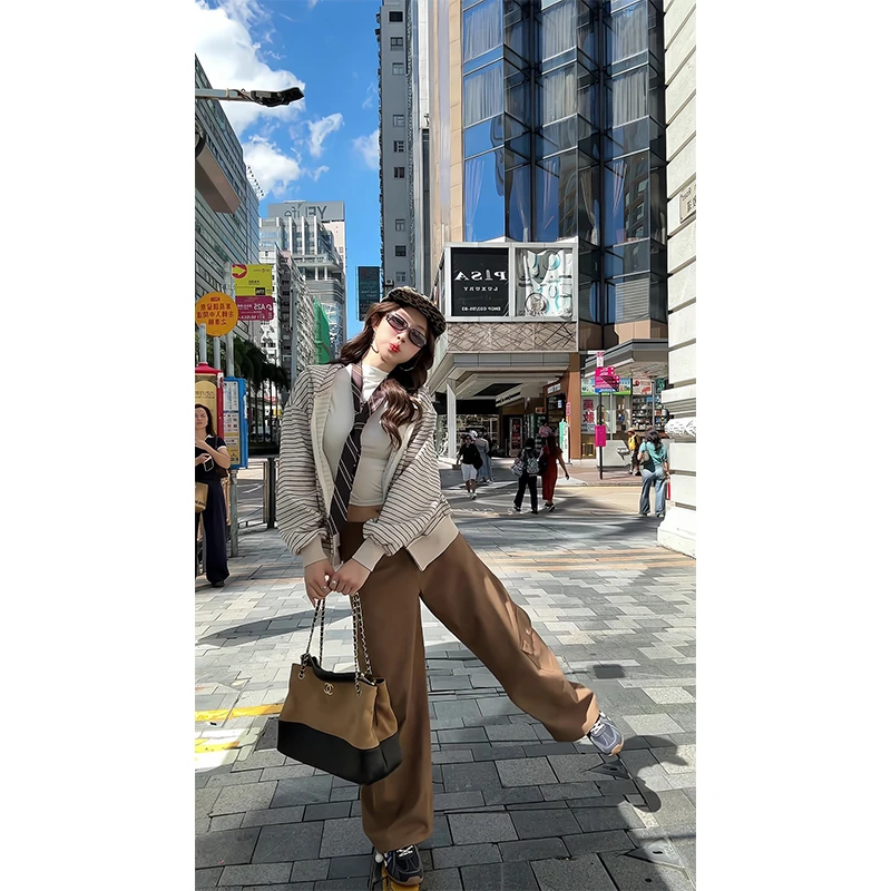 2025新款女士秋季美式慵懒风条纹连帽拉链开衫外套高腰宽松阔腿裤