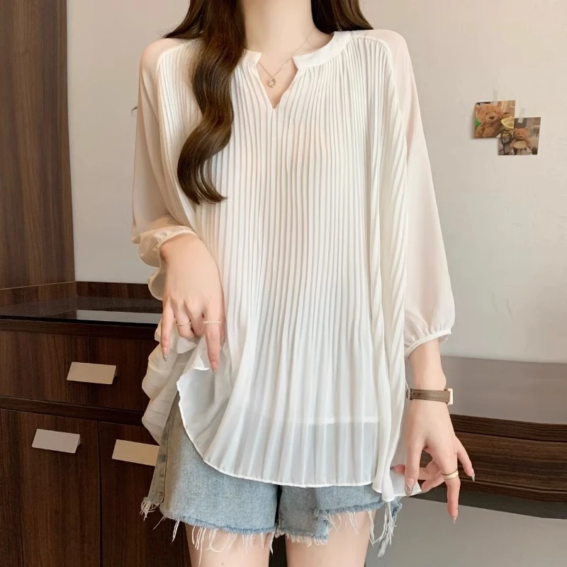 大码女装法式荷叶边遮肚子短袖雪纺衫女夏季胖mm宽松显瘦t恤上衣