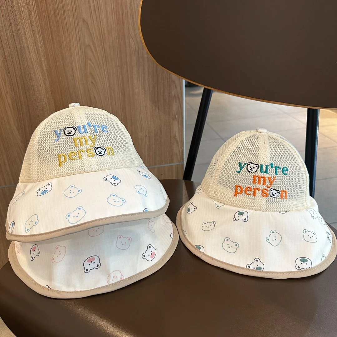 小熊儿童帽子夏季网眼渔夫帽宝宝大檐遮阳防晒帽男女童户外太阳帽