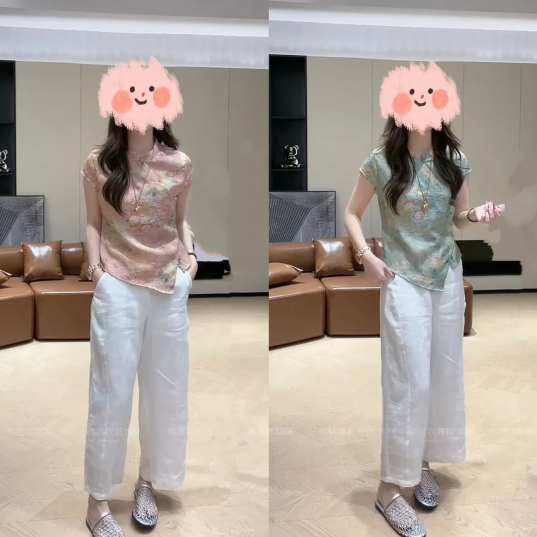 夏季新中式透气提花盘扣设计感上衣中国风时尚单排扣阔腿裤两件套