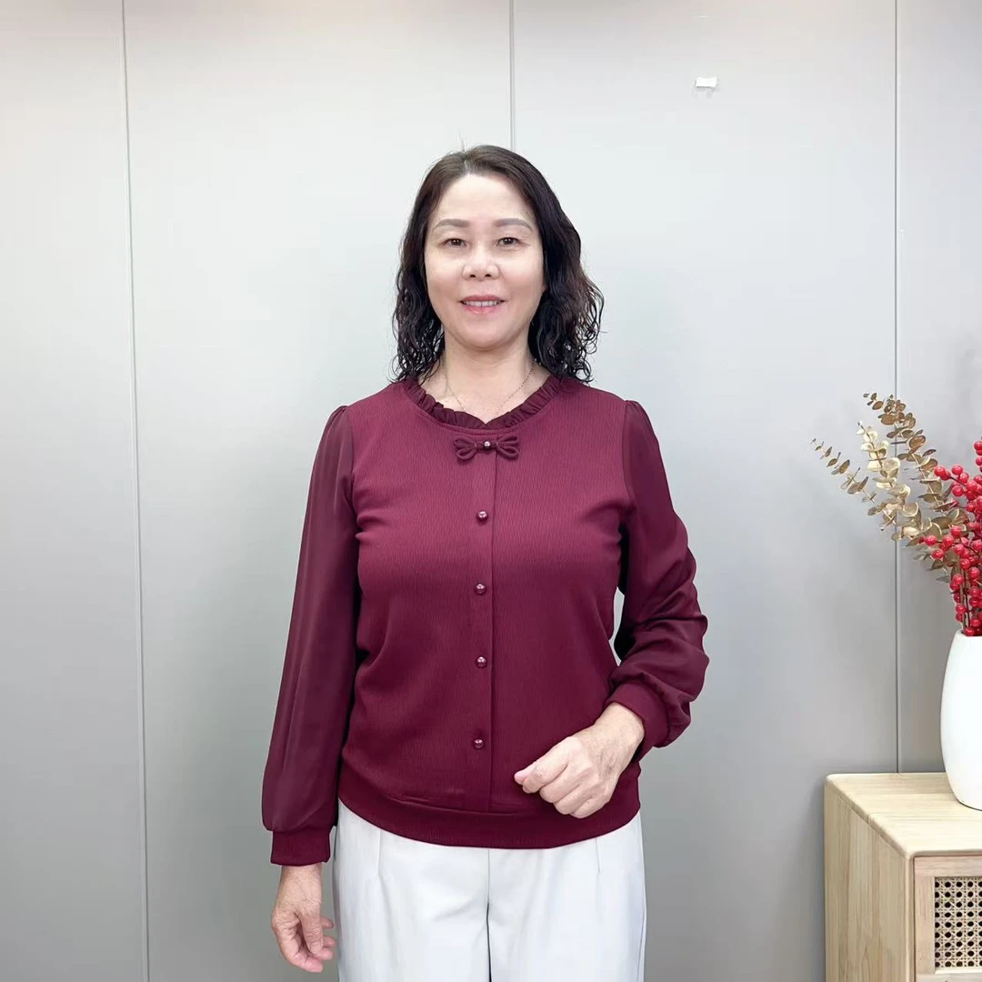 25长袖常规款宫廷风秋季欧式衬衫红色女装春秋中老年花边长袖
