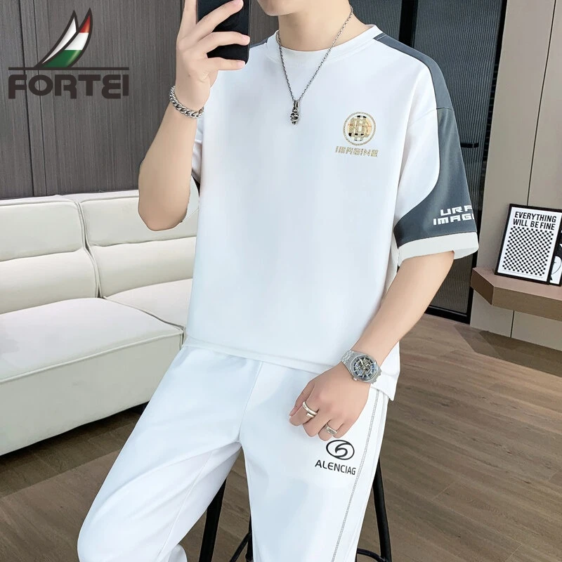 FORTEI/富鋌男士夏季透气青少年T恤套装夏季薄款男士夏季印花套装