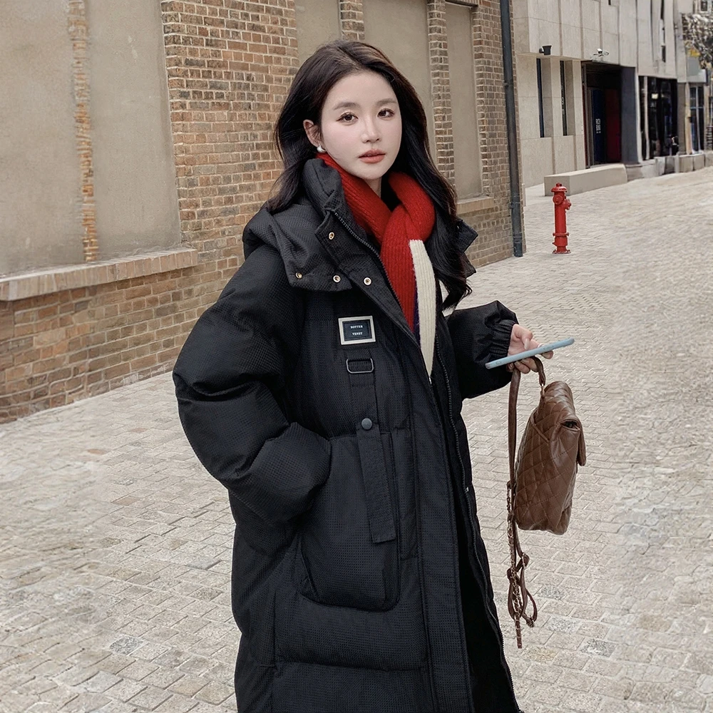 高级感韩系棉服女棉衣2025冬季新款中长款过膝加厚棉袄连帽外套