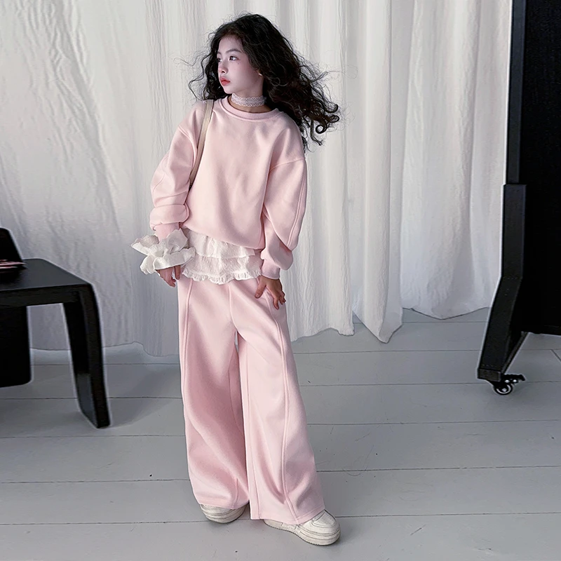 女童春季三件套2025新款洋气时尚纯色花边套装6-12岁中大童春款潮