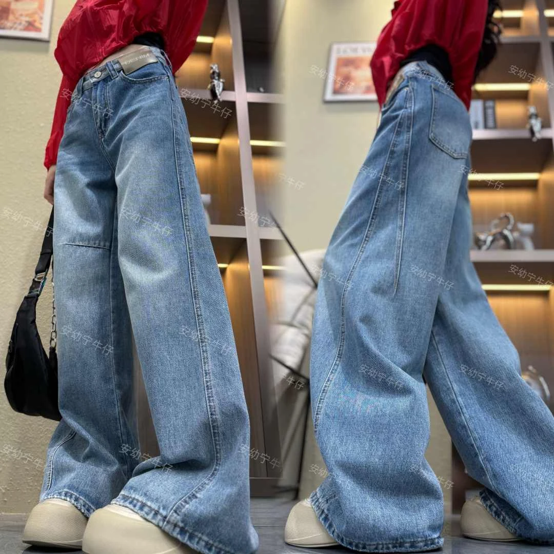 新款美式复古高腰宽松显瘦拖地裤直筒裤女设计感牛仔阔腿裤女孩