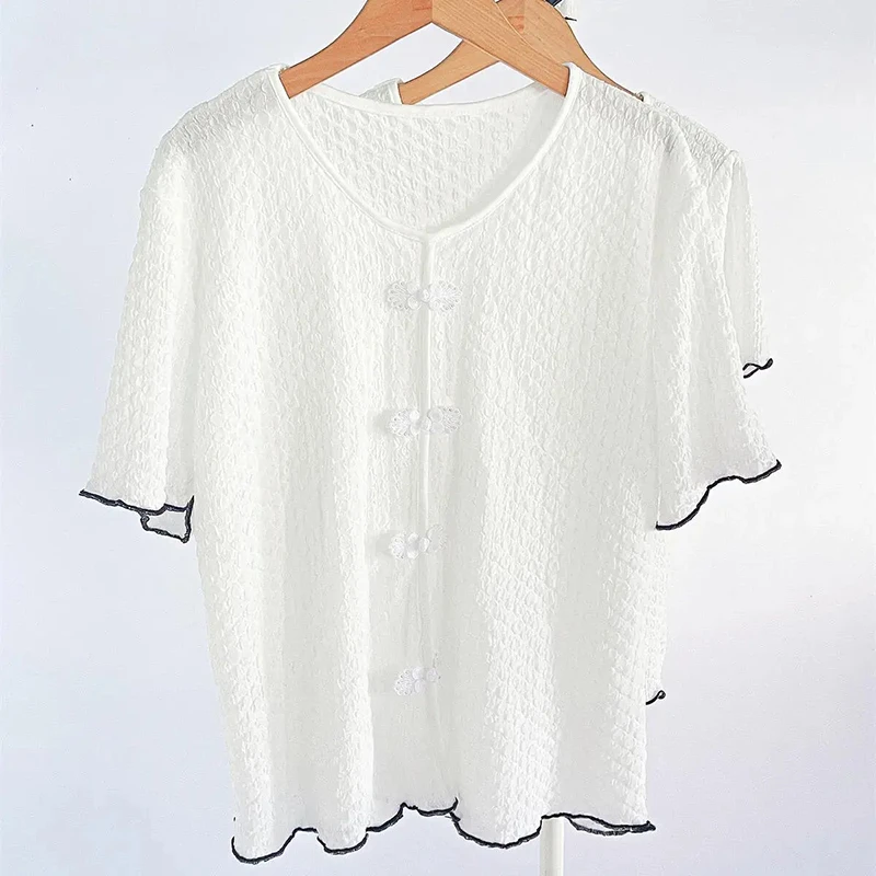 蕾丝衫盘扣上衣衬衫中国风简约时尚经典新款百搭小众别致T恤短袖
