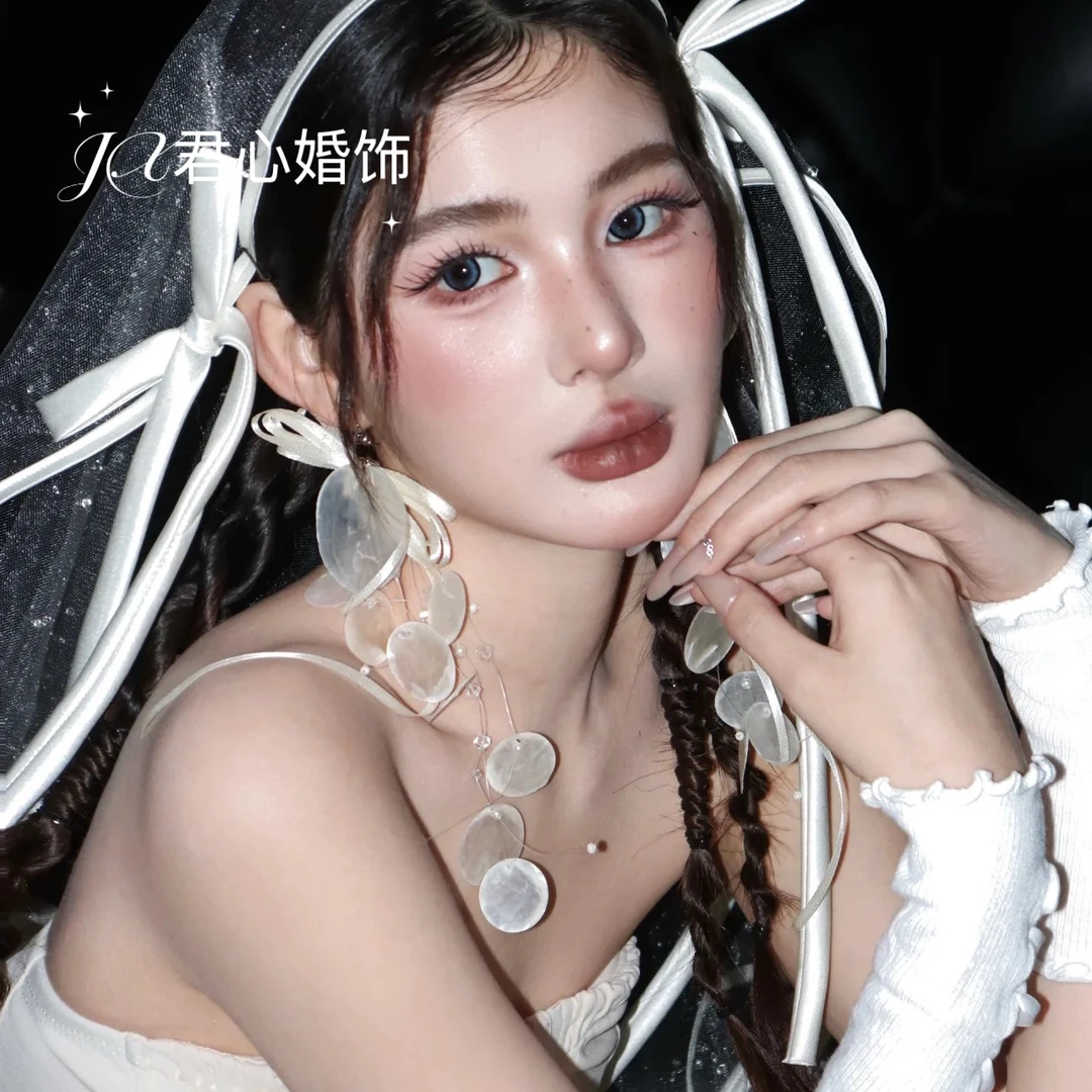 合金耳饰 君心家 天然贝壳流苏蝴蝶结丝带甜美款加长耳环新娘个性
