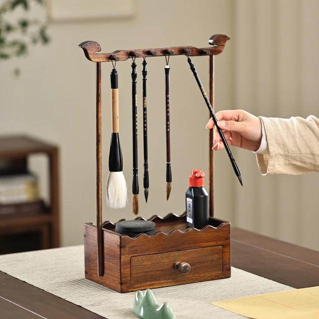 异丽中式实木毛笔笔架古风挂架文房书法收纳置物架文昌毛笔架笔挂