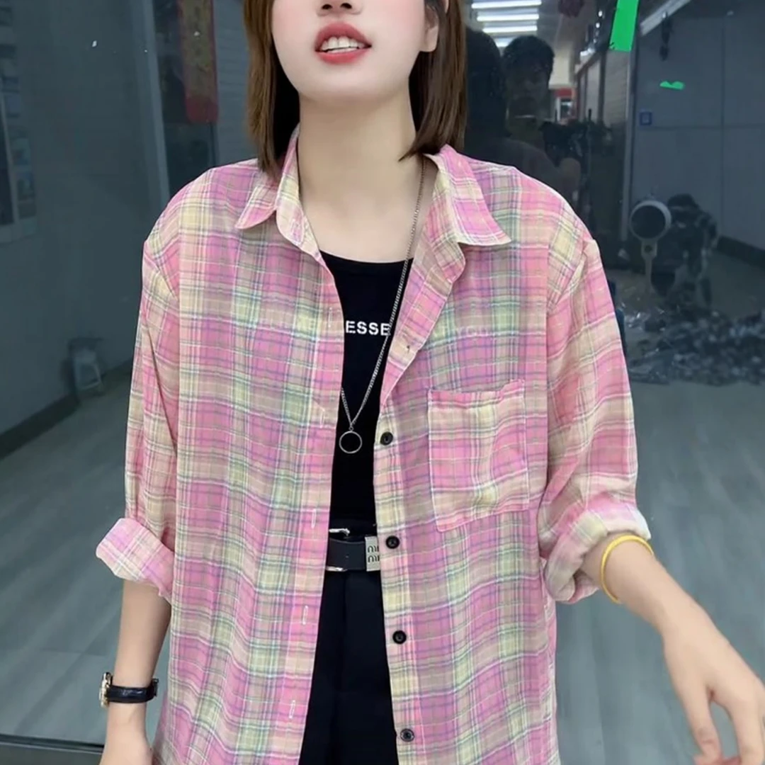 欧洲站新款长袖复古格子衬衫单排扣薄款上衣女显瘦慵懒风防晒衬衣