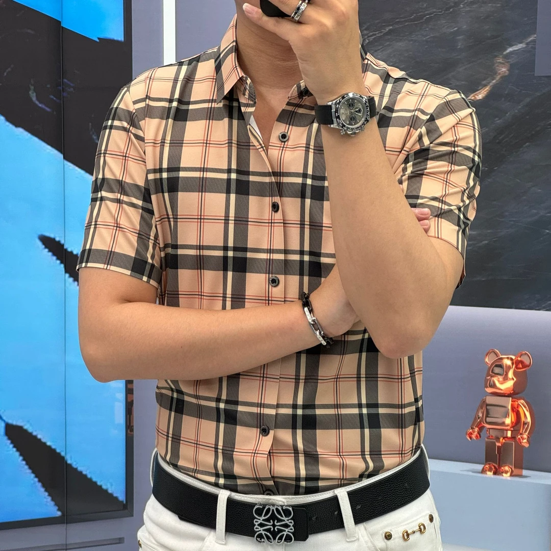 夏季（轩诚）桑蚕丝亚麻印花格子修身格纹商务高品质男款短袖衬衫