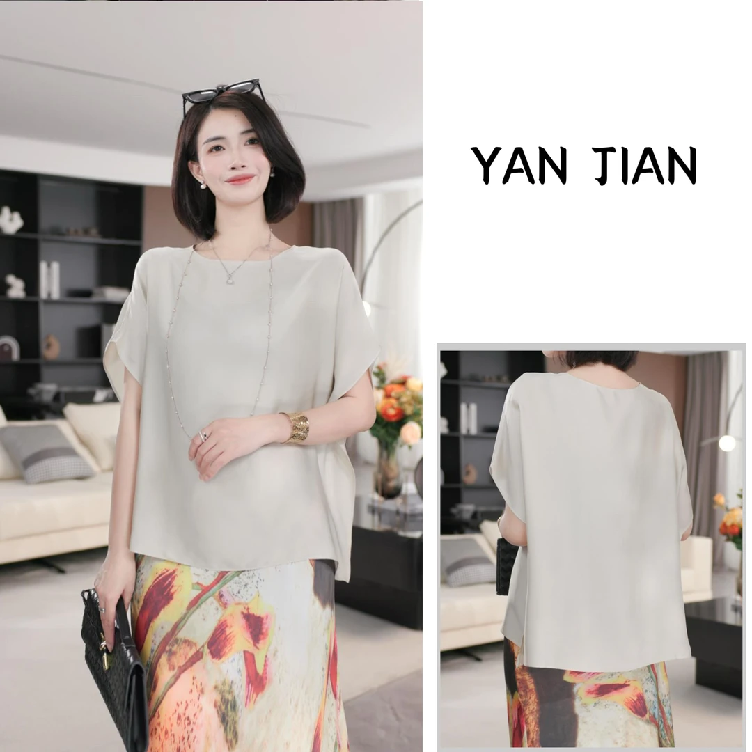 YAN JIAN【夏无忧】19姆米重磅桑蚕丝一片式裁剪蝙蝠袖上衣