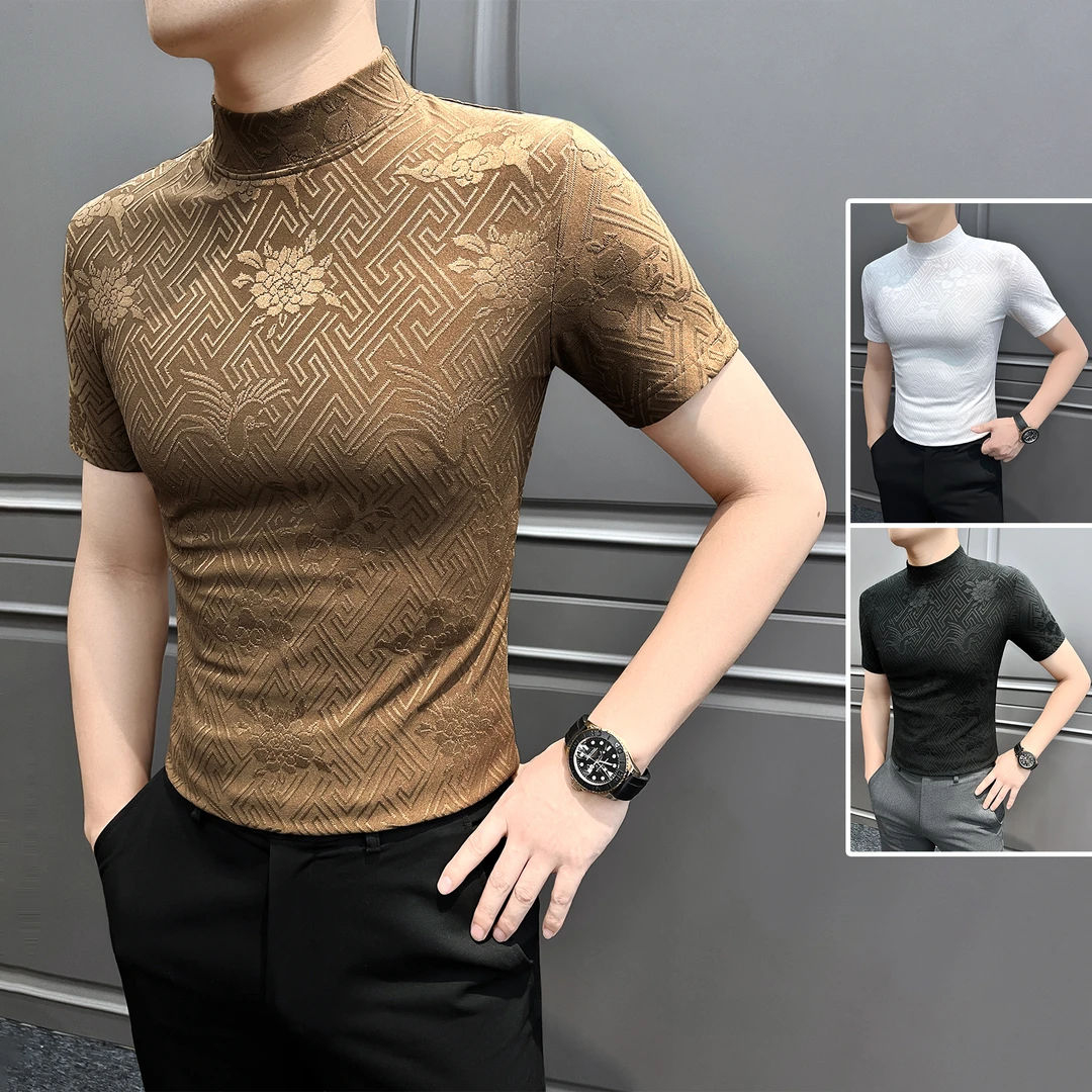 提花半高领短袖T恤男款国风弹力休闲痞帅潮流男装半袖男士打底衫