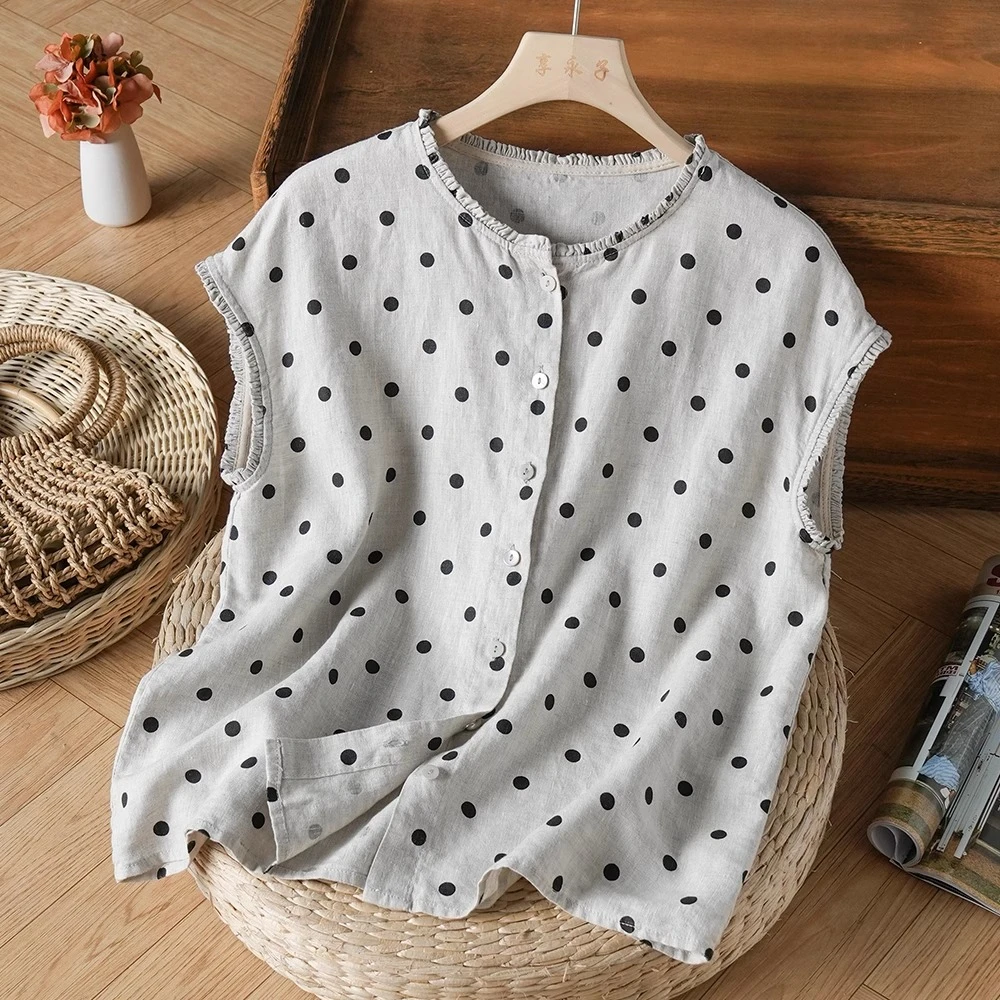 文艺复古波点棉麻衬衫气质木耳领衬衣夏季短袖排扣上衣2025年夏季