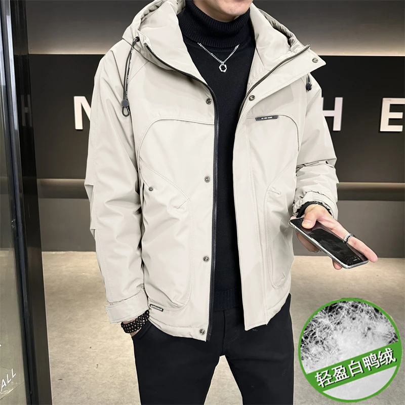 爆款休闲国标50白鸭绒冬季通勤拼接连帽防风保暖工装羽绒服夹克男