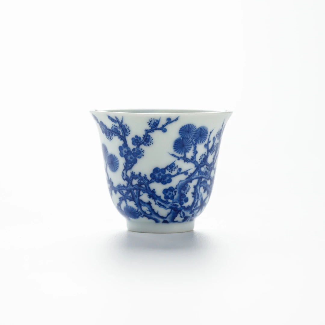 续真｜古法柴窑 景德镇手绘青花岁寒三友花神杯容量60cc高端陶