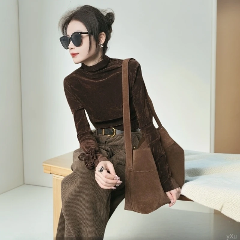 2024韩版印花简约气质高级感新款玫瑰半高领袖口长袖拼接上衣T恤