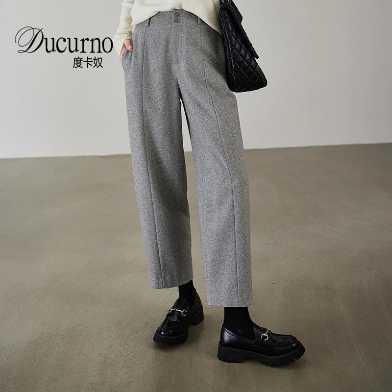 毛呢哈伦裤子女装2026秋冬季新款时尚百搭加厚保暖通勤斜纹休闲裤