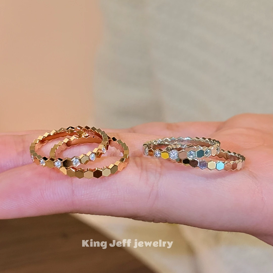 925银戒指 金杰福【爆款蜂巢排戒】CNC工艺版 s925银镀18k金戒指