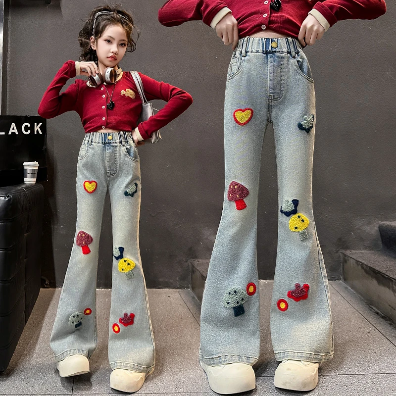 女童裤子牛仔喇叭裤春秋装2025新款中大童洋气网红微喇裤弹力长裤