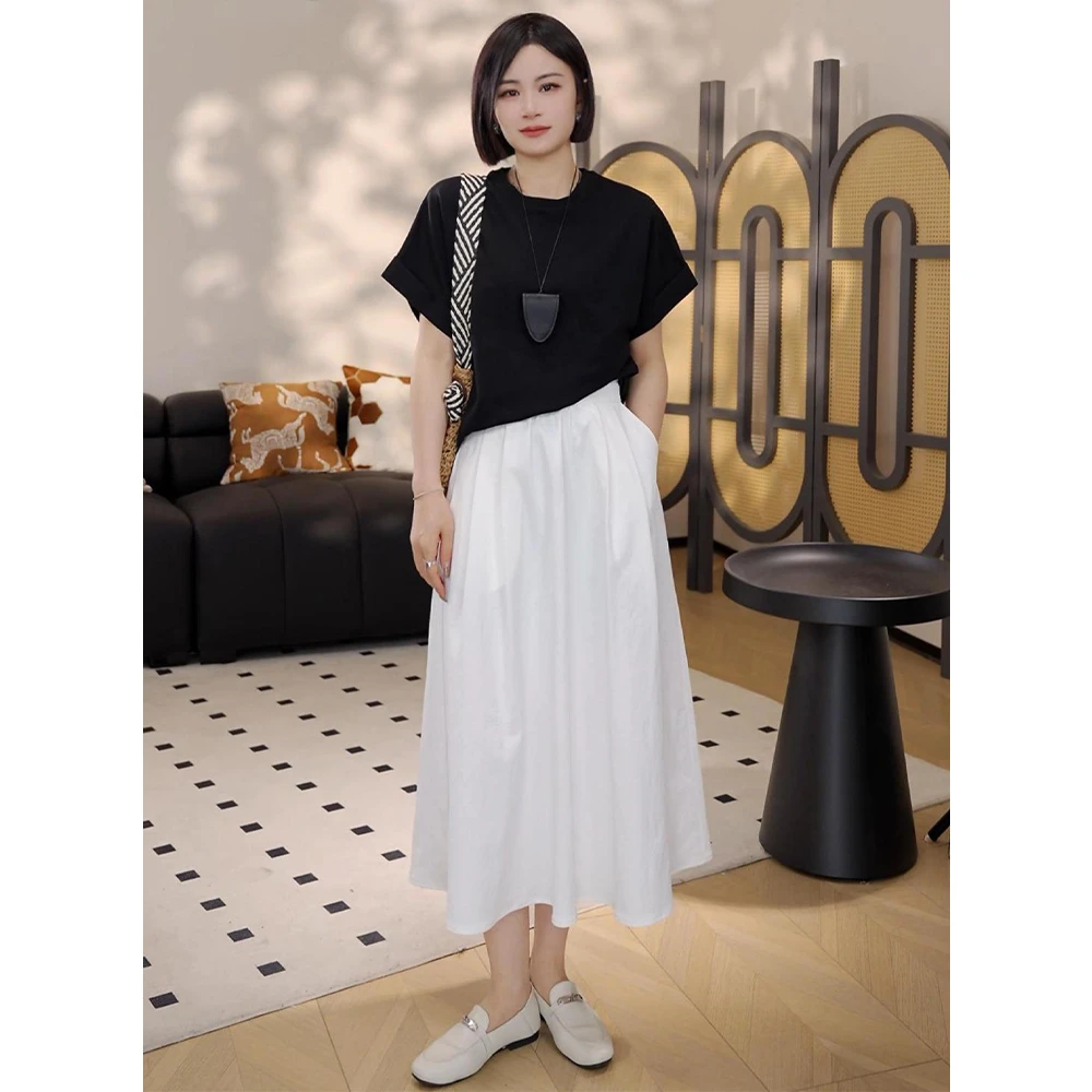 法式设计感休闲风简约A字口袋伞裙通勤高腰韩版大摆显瘦裙子白色