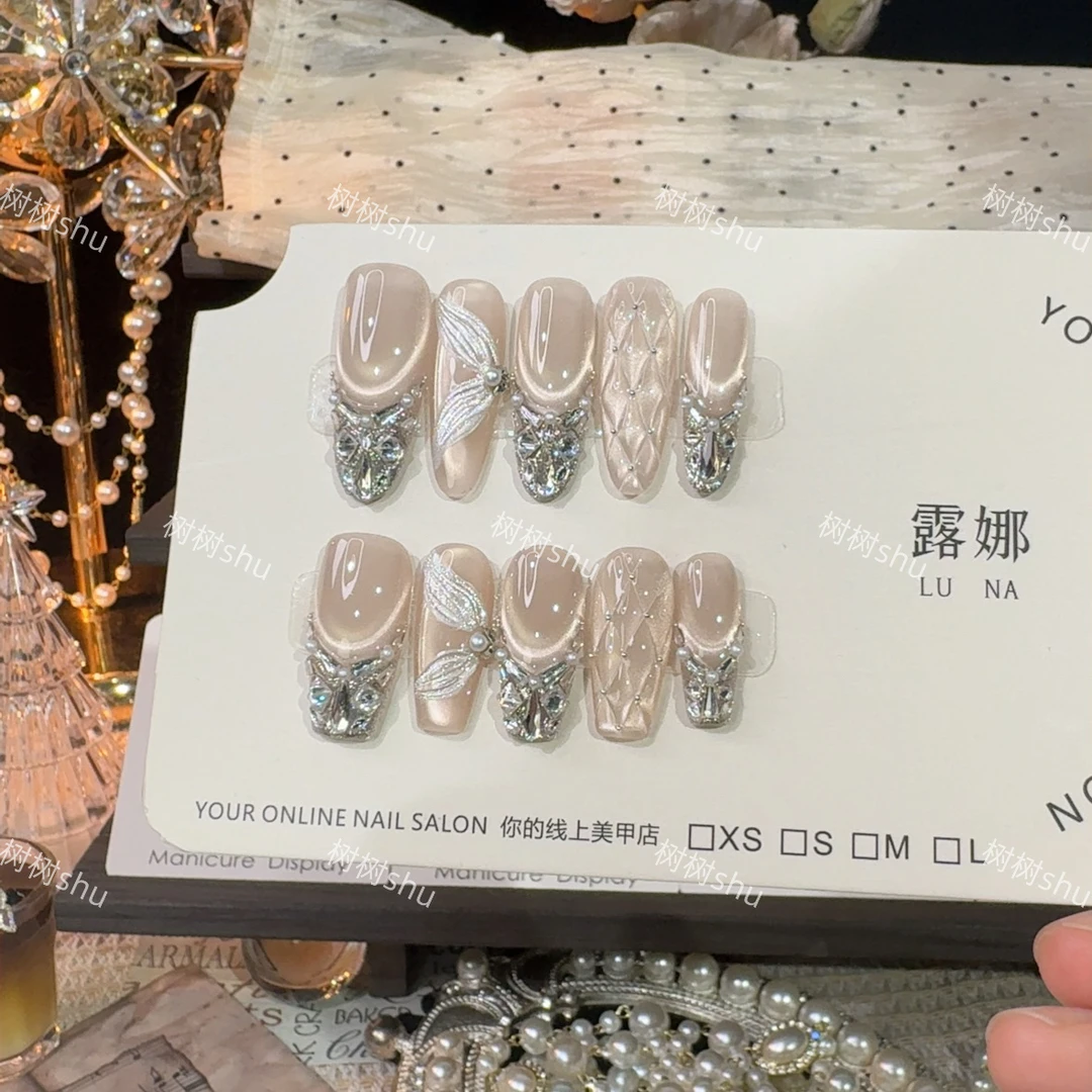 【铂金丝带】轻奢满钻爆闪鎏金猫眼美甲纯手工穿戴甲