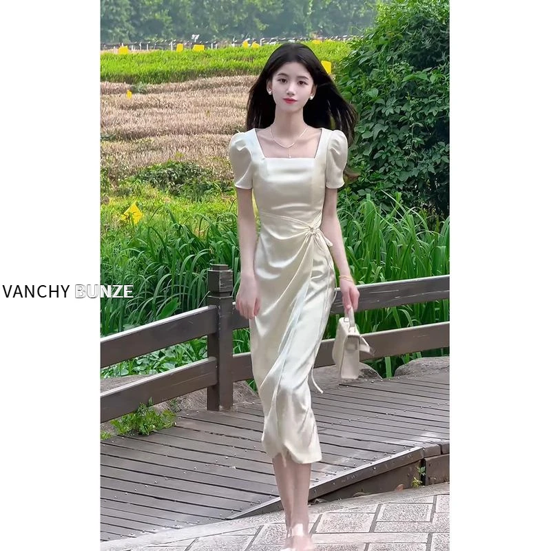 BUNZE 高端精致长裙2025新款正式场合女装夏季欧货杏色醋酸方领连
