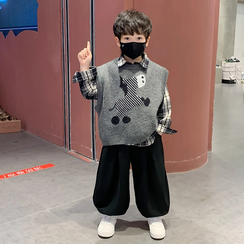 男童春秋款毛衣马甲三件套2025新款儿童装帅气男孩秋装潮宝宝套装