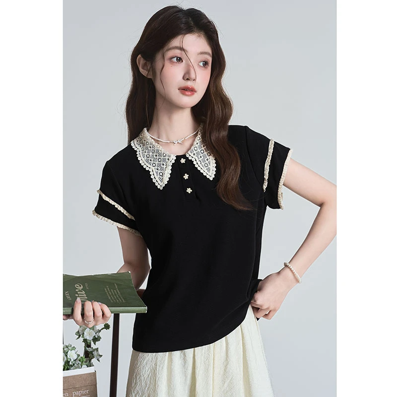黑色正肩短袖撞色T恤女2025新款甜美学院风蕾丝领娃娃衫短上衣夏