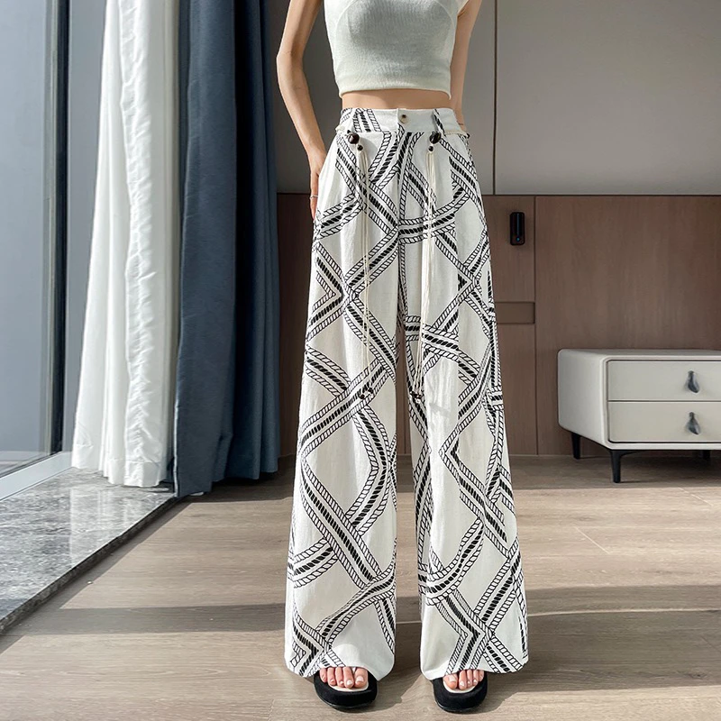 复古阔腿裤女2025新款几何印花显瘦休闲裤老钱风拖地长裤