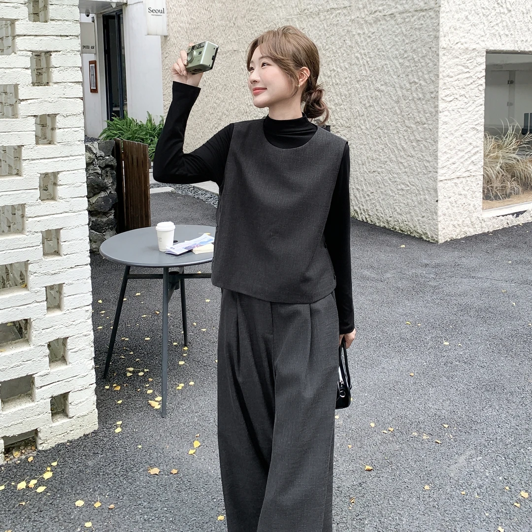 韩系简约气质大方得体套装女2025年秋季新款马甲内搭阔腿裤三件套